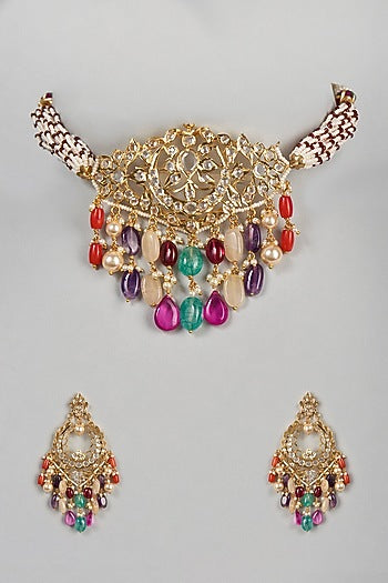 Gold Plated Navratna Beads Choker Necklace Set