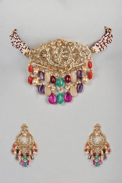Gold Plated Navratna Beads Choker Necklace Set