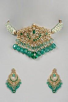 Gold Plated Green Onyx Choker Necklace Set