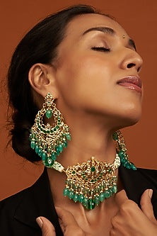Gold Plated Green Onyx Choker Necklace Set
