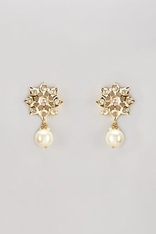 Gold Plated Semi-Precious Kundan Polki & Pearl Dangler Earrings