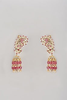 Gold Plated Semi-Precious Kundan Polki & Pink Onyx Dangler Earrings