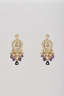 Gold Plated Semi-Precious Kundan Polki & Purple Onyx Dangler Earrings
