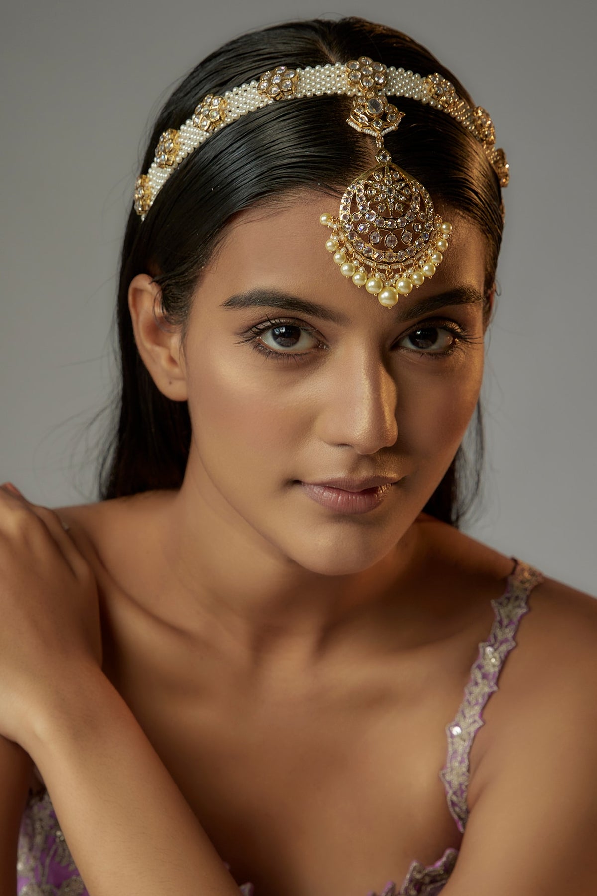 Gold Plated Semi-Precious Kundan Polki & Pearl Mathapatti