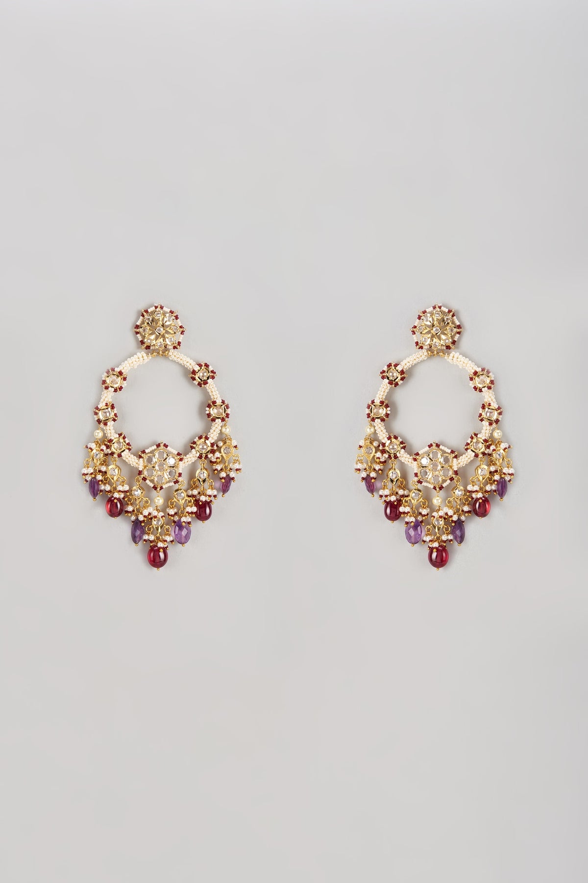 Gold Plated Semi-Precious Kundan Polki & Purple Onyx Dangler Earrings