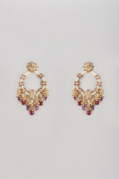 Gold Plated Semi-Precious Kundan Polki & Purple Onyx Dangler Earrings
