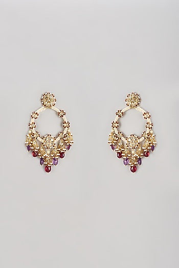 Gold Plated Semi-Precious Kundan Polki & Purple Onyx Dangler Earrings