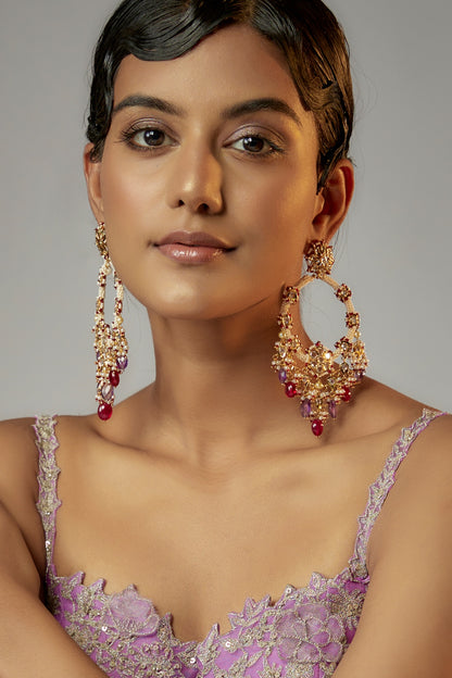Gold Plated Semi-Precious Kundan Polki & Purple Onyx Dangler Earrings