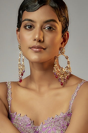 Gold Plated Semi-Precious Kundan Polki & Purple Onyx Dangler Earrings