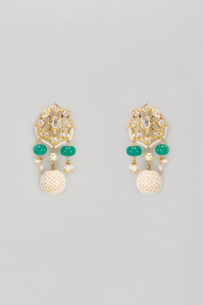 Gold Plated Semi-Precious Kundan Polki & Pearl Dangler Earrings