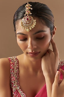Gold Plated Kundan Polki & Red Onyx Maangtikka