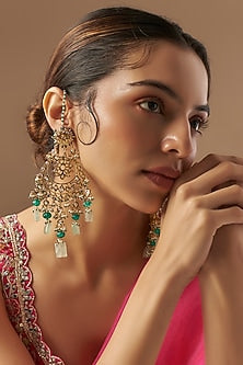 Gold Plated Kundan Polki & Green Onyx Chandbali Earrings