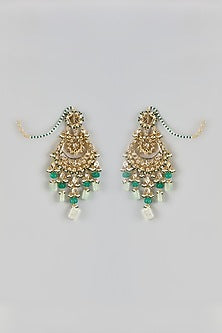 Gold Plated Kundan Polki & Green Onyx Chandbali Earrings
