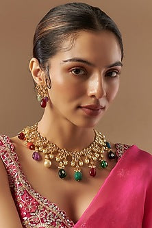 Gold Plated Kundan Polki & Pearl Choker Necklace Set
