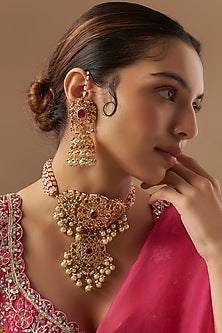 Gold Plated Kundan Polki & Red Onyx Choker Necklace Set