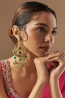 Gold Plated Kundan Polki & Green Onyx Chandbali Earrings