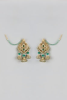 Gold Plated Kundan Polki & Green Onyx Chandbali Earrings
