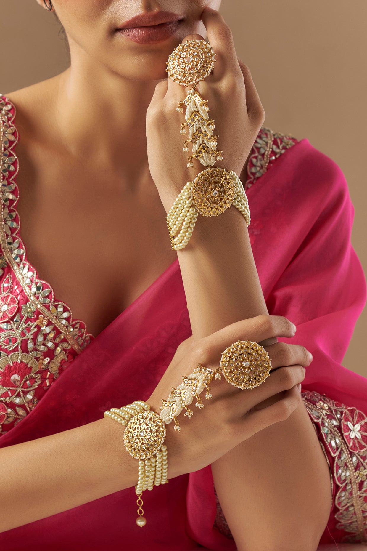 Gold Finish Kundan Polki Handharness (Set of 2)