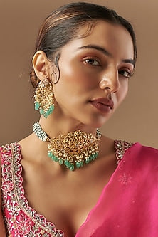 Gold Plated Kundan Polki & Green Onyx Choker Necklace Set