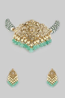 Gold Plated Kundan Polki & Green Onyx Choker Necklace Set