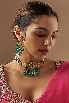 Gold Plated Kundan Polki & Green Onyx Choker Necklace Set