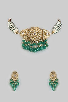 Gold Plated Kundan Polki & Green Onyx Choker Necklace Set