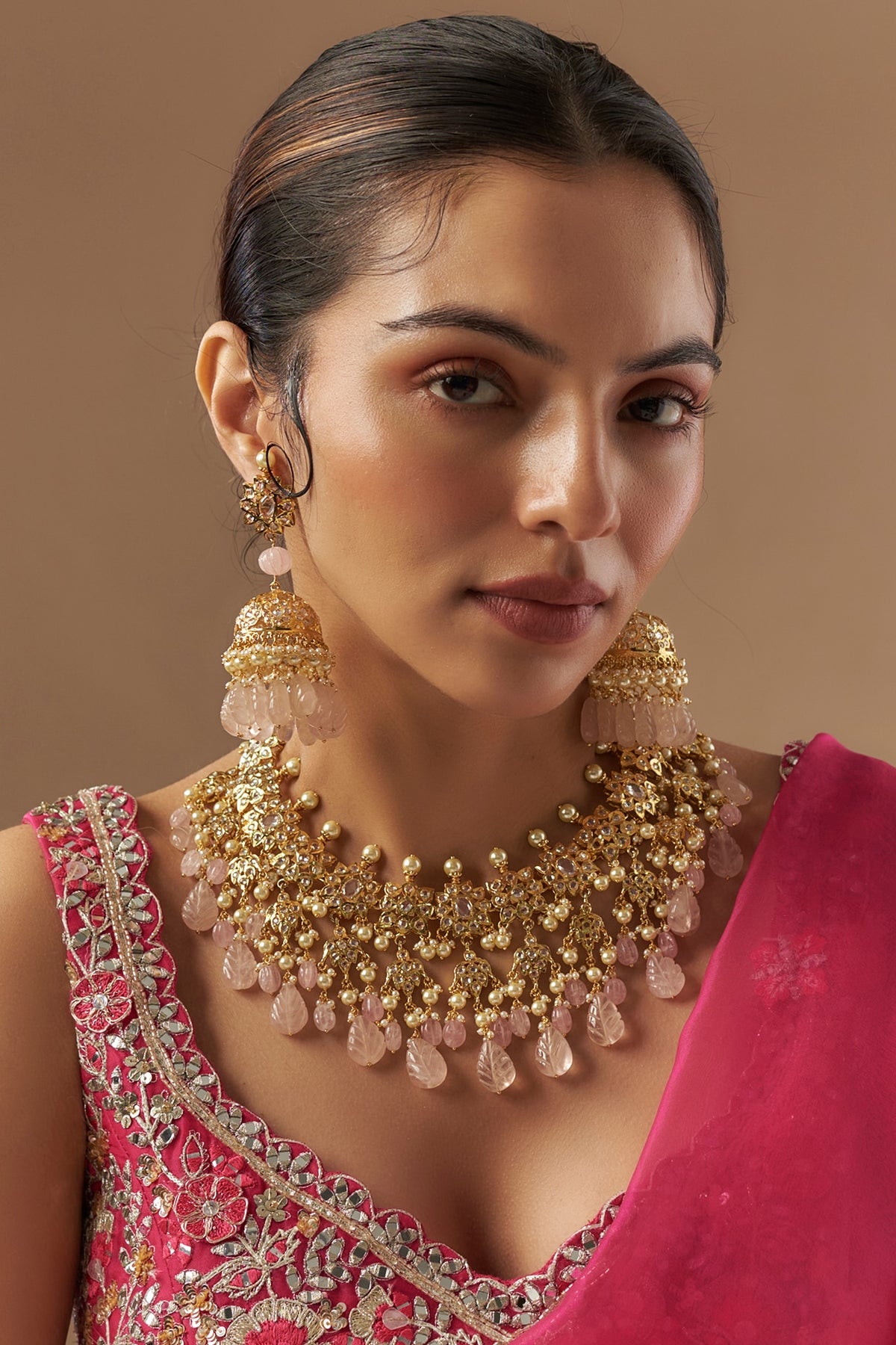 Gold Plated Kundan Polki & Pink Carved Onyx Choker Necklace Set