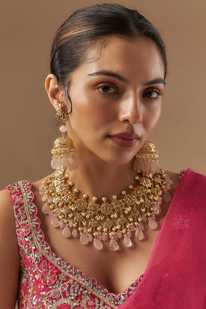 Gold Plated Kundan Polki & Pink Carved Onyx Choker Necklace Set