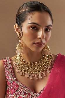 Gold Plated Kundan Polki & Pink Carved Onyx Choker Necklace Set