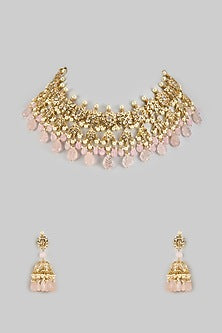 Gold Plated Kundan Polki & Pink Carved Onyx Choker Necklace Set