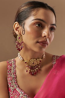 Gold Plated Kundan Polki & Red Onyx Choker Necklace Set
