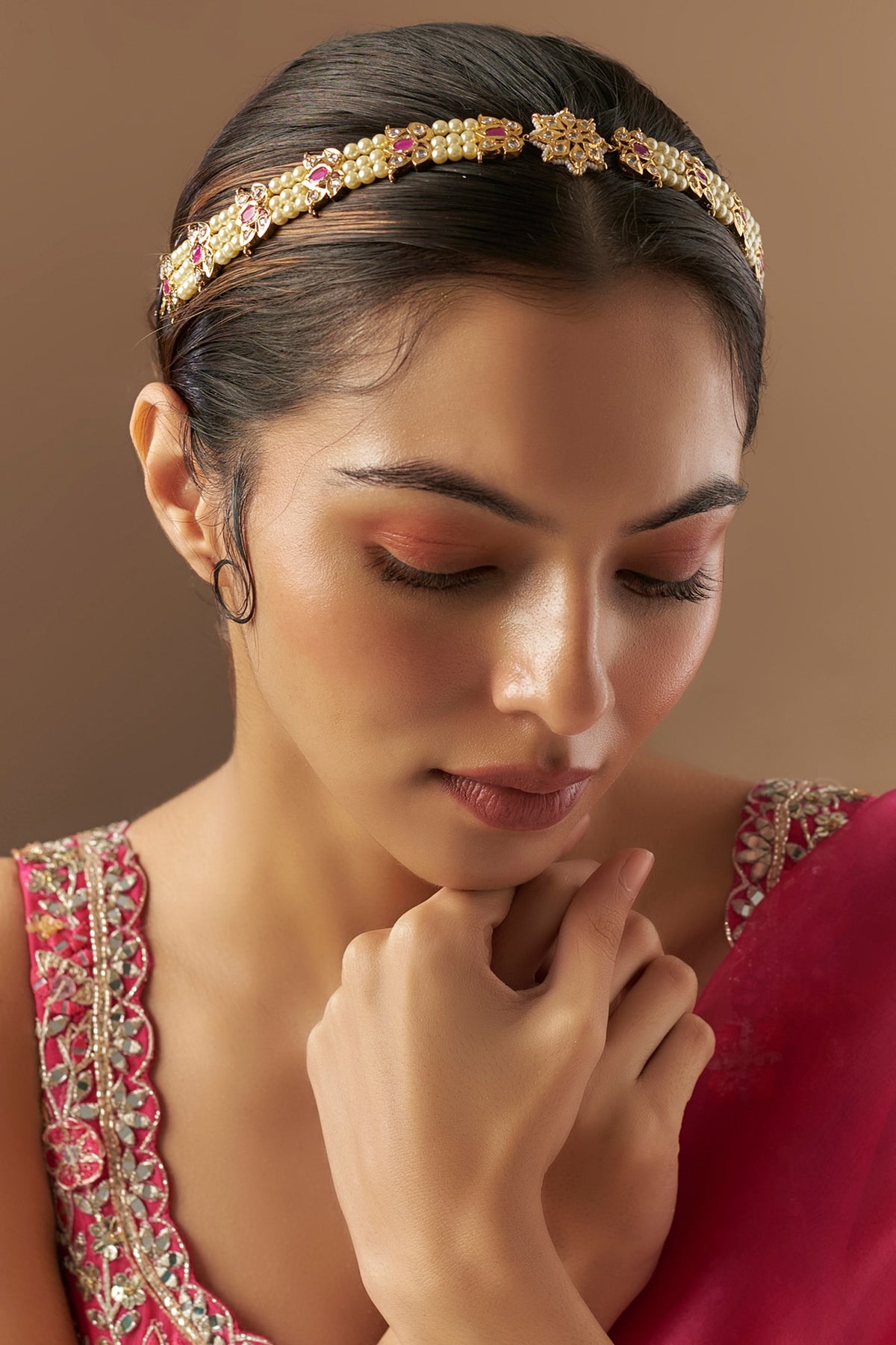 Gold Plated Kundan Polki & Red Onyx Mathapatti