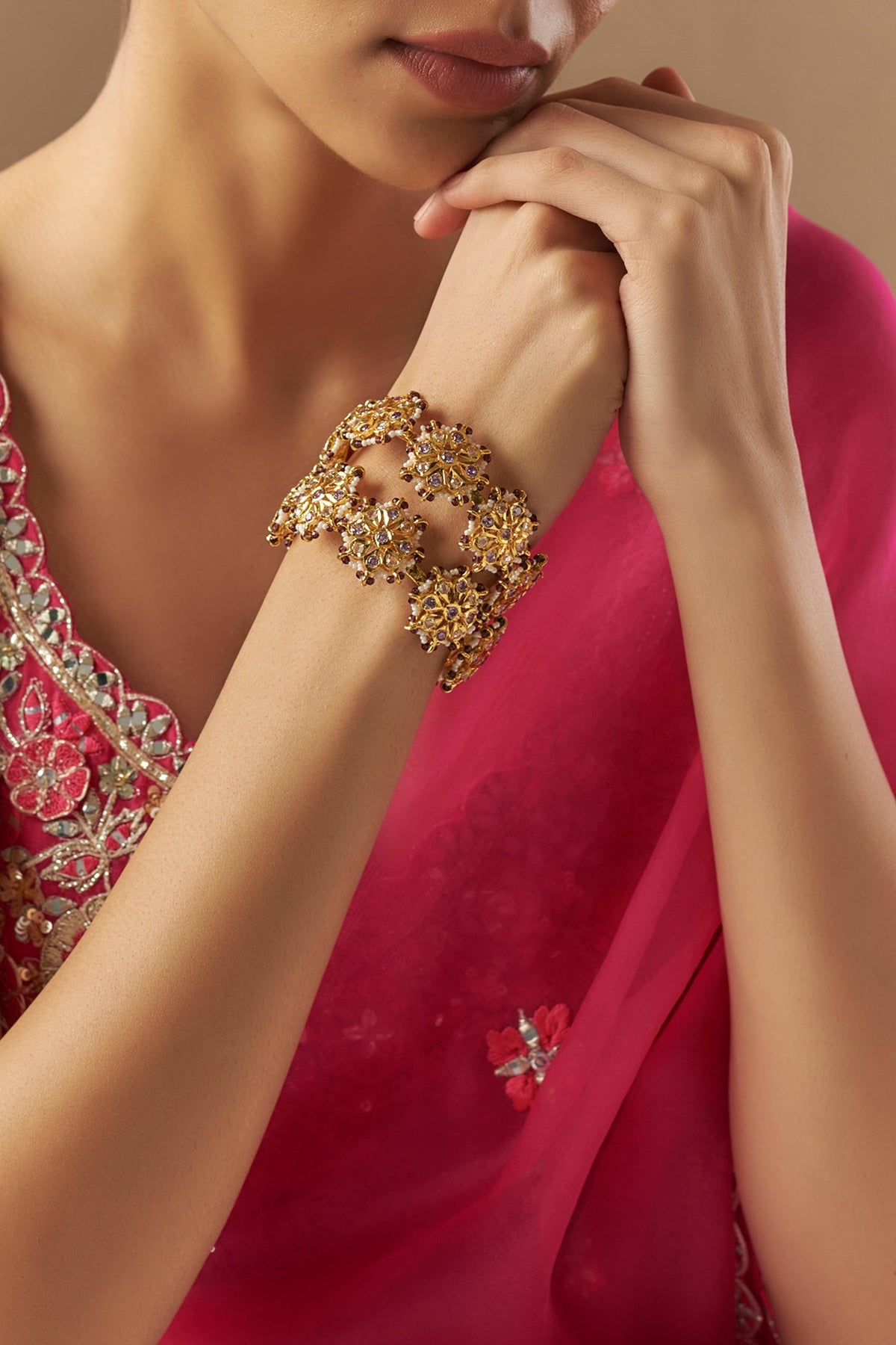 Gold Plated Kundan Polki & Green Onyx Bangles (Set of 2)