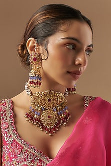 Gold Plated Kundan Polki & Red Onyx Choker Necklace Set