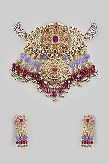 Gold Plated Kundan Polki & Red Onyx Choker Necklace Set