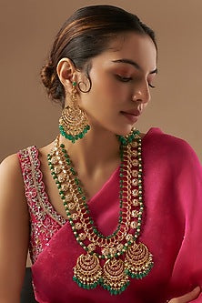 Gold Plated Kundan Polki & Green Onyx Long Necklace Set