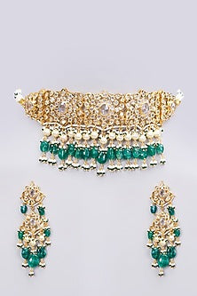 Gold Plated Green Onyx Choker Necklace Set