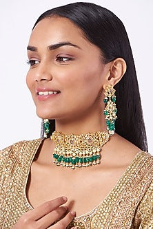 Gold Plated Green Onyx Choker Necklace Set