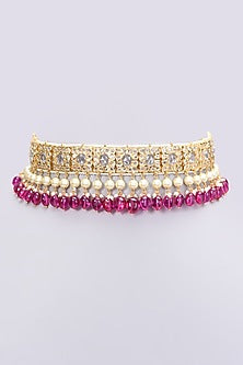 Gold Plated Kundan Polki & Pearl Choker Necklace