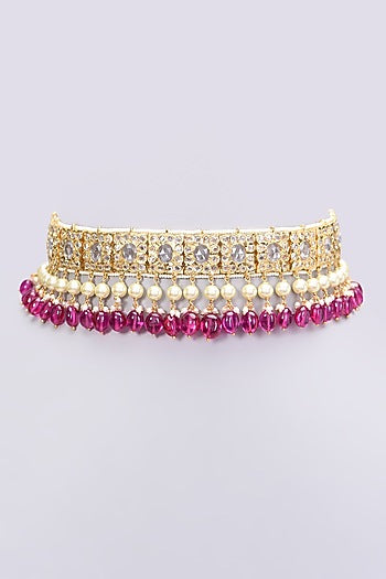 Gold Plated Kundan Polki & Pearl Choker Necklace