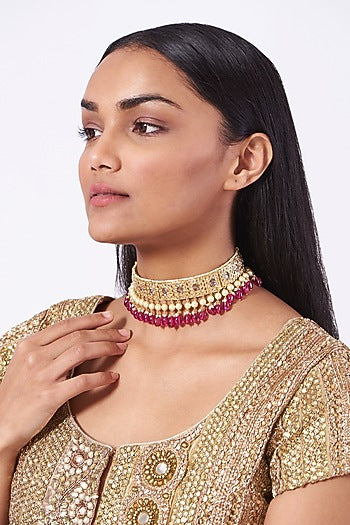 Gold Plated Kundan Polki & Pearl Choker Necklace