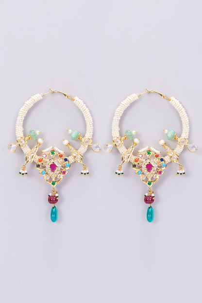 Gold Plated Chandbali Earrings With Multi-Colored Stones