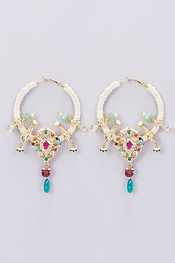 Gold Plated Chandbali Earrings With Multi-Colored Stones