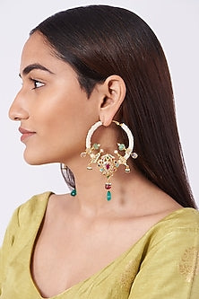 Gold Plated Chandbali Earrings With Multi-Colored Stones