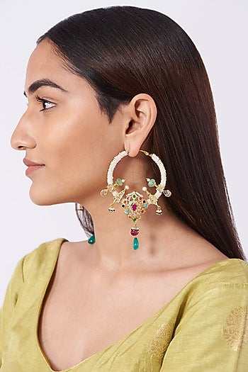 Gold Plated Chandbali Earrings With Multi-Colored Stones