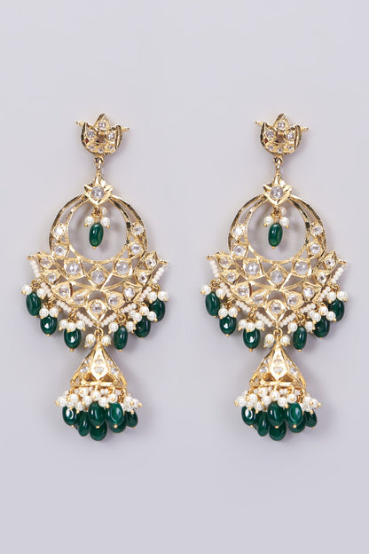 Gold Plated Pearl & Green Onyx Chandbali Earrings