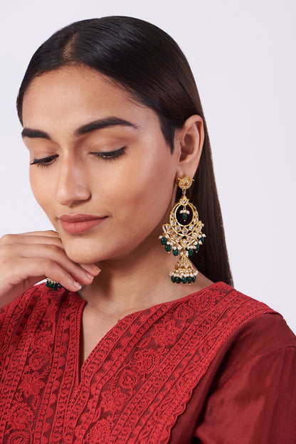 Gold Plated Pearl & Green Onyx Chandbali Earrings