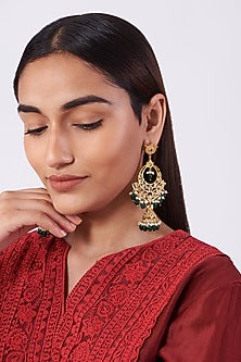 Gold Plated Pearl & Green Onyx Chandbali Earrings