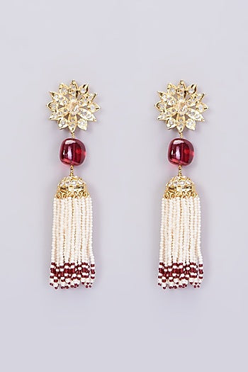 Gold Plated Dangler Earrings With Red Onyx