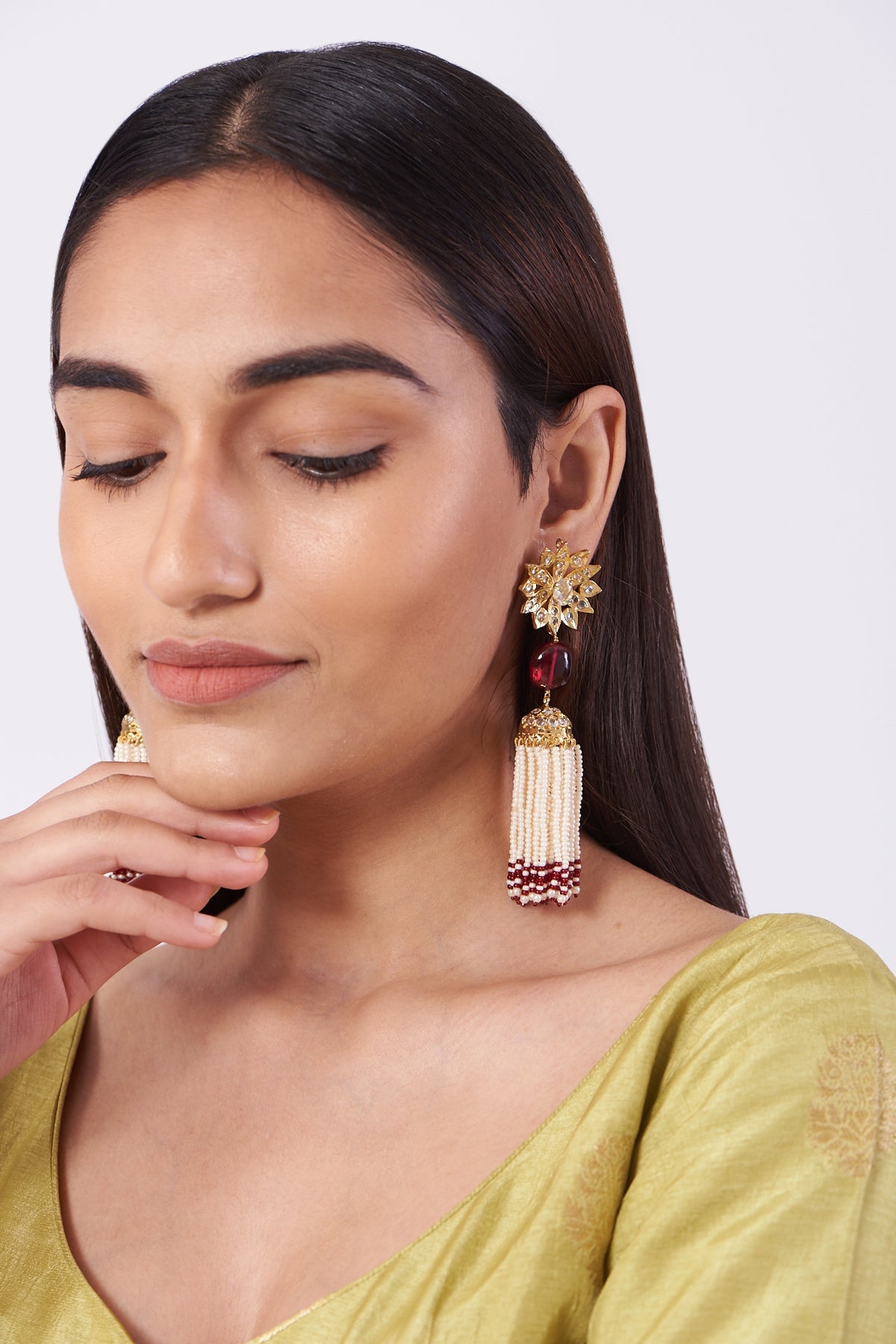 Gold Plated Dangler Earrings With Red Onyx